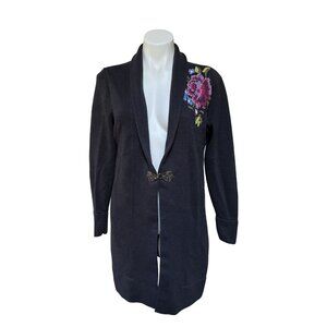 Soft Surroundings Cardigan Sweater Floral Needlepoint Toggle Front Navy Blue Med